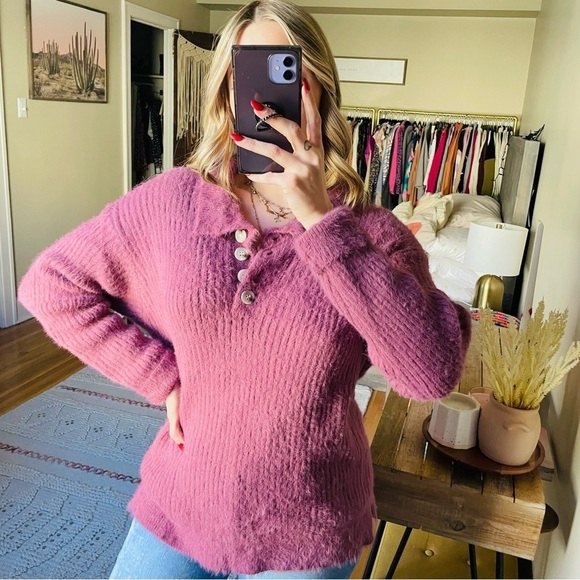 Pink Lily Purple Fuzzy Knit Collared Sweater - Picture 2 of 8